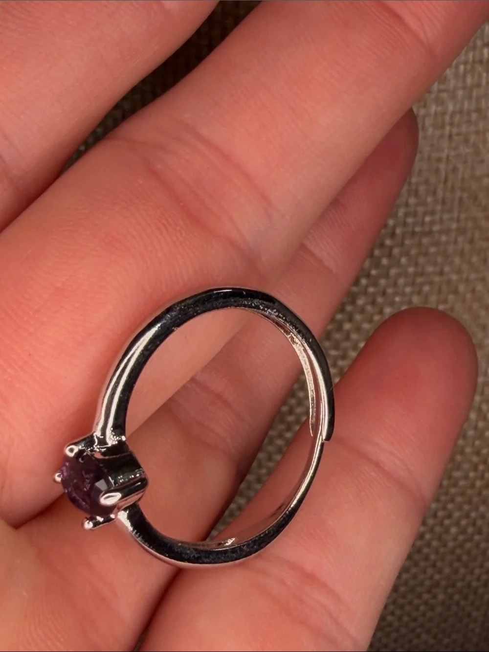 Silvertone Amethyst Solitaire Ring - Sz 7 adjustable